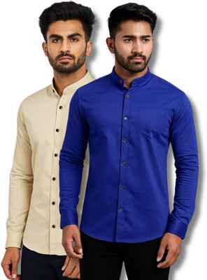 VIMASUTI Men Solid Casual Beige, Dark Blue Shirt(Pack of 2)