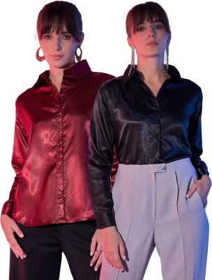 BuyNewTrend Women Solid Casual Maroon, Black Shirt(Pack of 2)