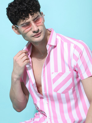 Voroxy Men Printed Casual Pink Shirt