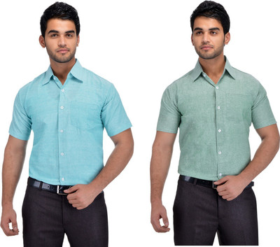 DESHBANDHU KHADI Men Solid Formal Green, Blue Shirt(Pack of 2)