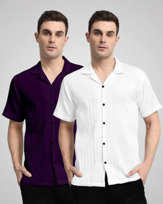 VK Couture Men Self Design Casual Purple, White Shirt(Pack of 2)