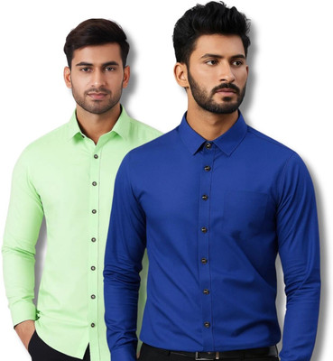 EchoWear Men Solid Casual Light Green, Dark Blue Shirt(Pack of 2)