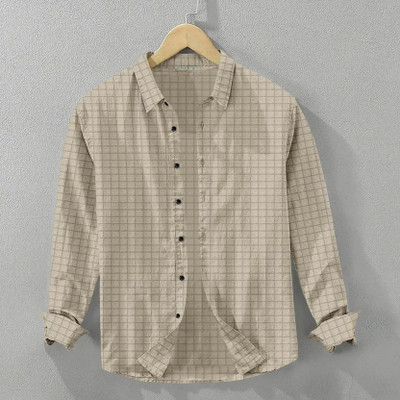 Voroxy Men Checkered Casual Beige Shirt