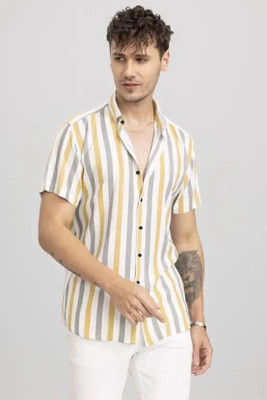 TIGERSNAKE Men Printed Casual Yellow, White Shirt
