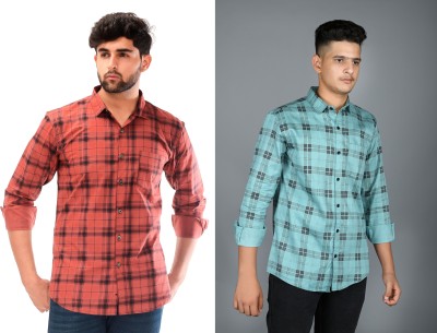 Tanip Men Checkered Casual Light Blue, Orange, Dark Blue Shirt(Pack of 2)