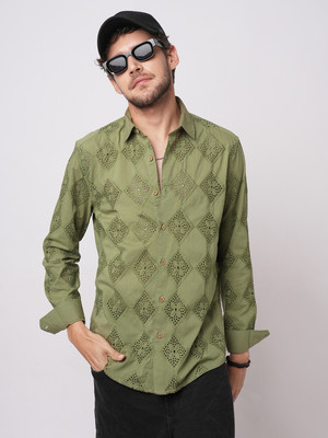 VASTRADO Men Embroidered Casual Dark Green Shirt