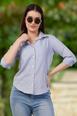 EVERSOFT FLOW Women Striped Casual Blue Shirt