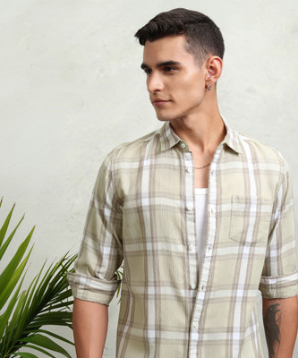 HIGHLANDER Men Checkered Casual Beige Shirt
