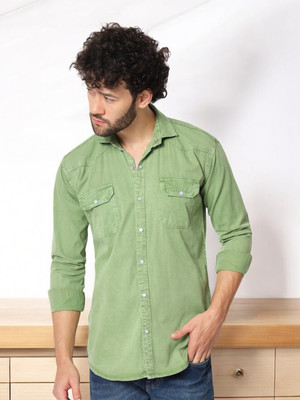 Double One Men Solid Casual Light Green Shirt