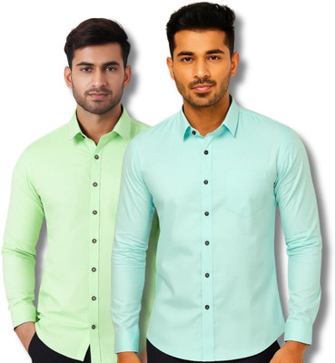 CROWNTAIL Men Solid Casual Light Green, Light Blue Shirt(Pack of 2)
