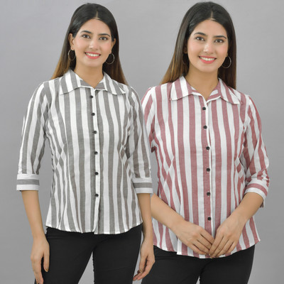QuaClo Women Striped Casual Grey, Maroon Shirt(Pack of 2)