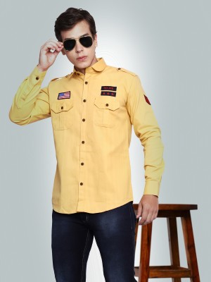 TOROLY Men Solid Casual Yellow Shirt