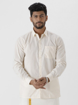 Ramraj Cotton Men Solid Casual Cream Shirt