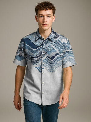 Bullmer Men Printed Casual Blue, Grey Shirt