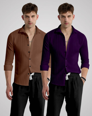 kruze Men Self Design Casual Brown, Purple Shirt(Pack of 2)