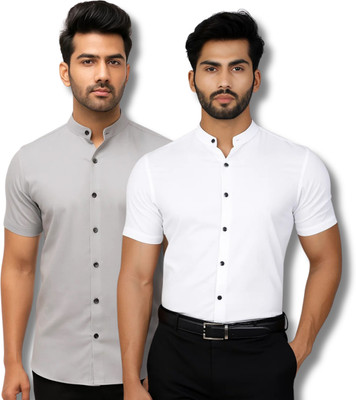 RANGFIT Men Solid Casual Grey, White Shirt(Pack of 2)