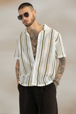 Dada Cretion Men Striped Formal Light Green, White Shirt