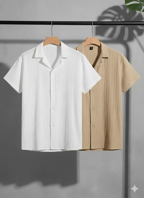 WUXI Men Solid Casual Khaki, White Shirt