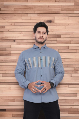 U AND J TREND Men Striped Casual Blue Shirt