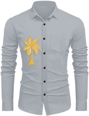 Crivion Men Embroidered Casual Grey Shirt