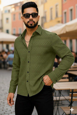 Crivion Men Self Design Casual Green Shirt