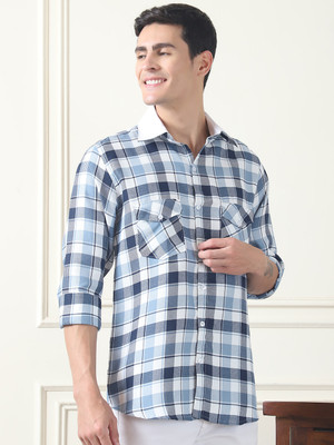 METRONAUT Men Checkered Casual Light Blue Shirt