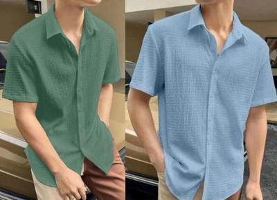 VRLOOKS Men Self Design Casual Green, Blue Shirt(Pack of 2)