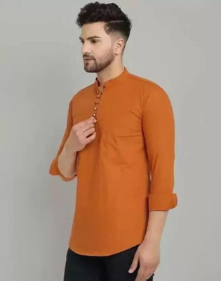 The style grove Men Solid Casual Orange Shirt