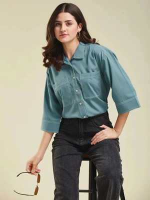 J TURRITOPSIS Women Solid Casual Blue Shirt