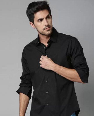 HOC Men Solid, Self Design Casual Black Shirt