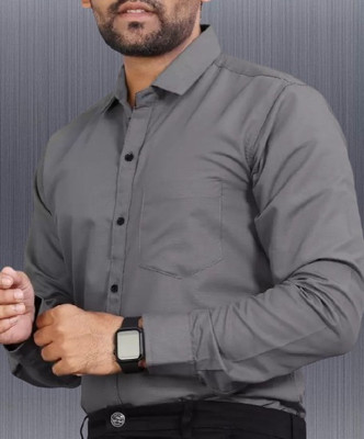 MUMIN Men Solid Formal Grey Shirt