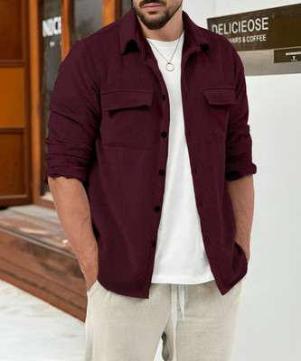 COMBRAIDED Men Self Design Casual Maroon Shirt