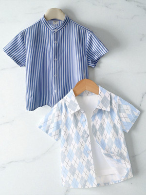 KIDOOZA Boys Printed, Striped Casual Blue, White Shirt(Pack of 2)