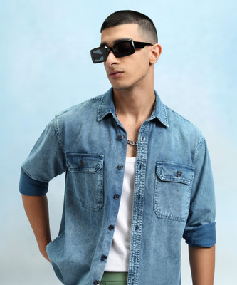 HIGHLANDER Men Washed Casual Blue Shirt