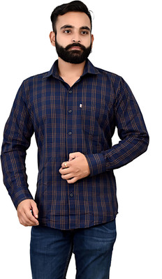 Marc Laurent Men Checkered Casual Dark Blue, Yellow Shirt