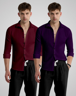 kruze Men Self Design Casual Maroon, Purple Shirt(Pack of 2)