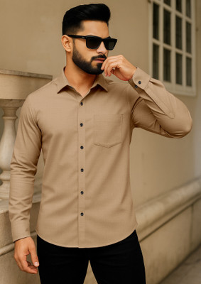 LAXBON Men Solid Casual Beige Shirt