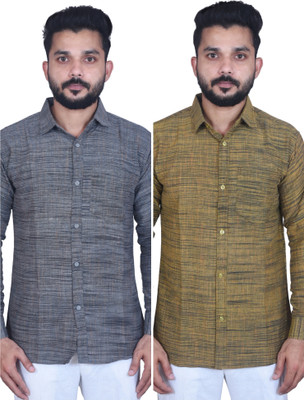 A A ENTERPRISES Men Solid Casual Grey, Yellow Shirt(Pack of 2)