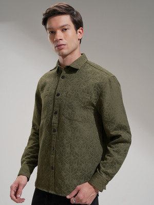HIGHLANDER Men Self Design Casual Green Shirt