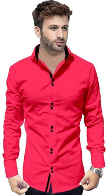 P & V Creations Men Solid Casual Pink Shirt