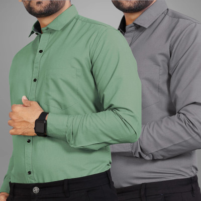 BROWEARS Men Solid Casual Grey, Green Shirt(Pack of 2)