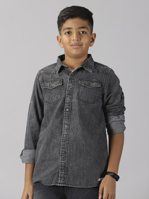 KiddoPanti Boys Washed Casual Black Shirt