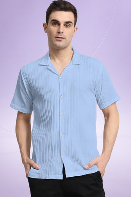 A DEEMOON TREND Men Striped, Self Design, Solid Casual Light Blue Shirt