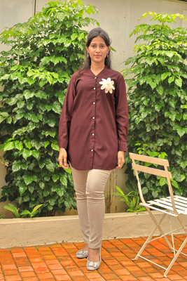 NEXURA FASHION Women Solid, Embroidered Casual Brown Shirt