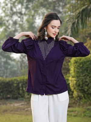 PLUSS Women Embroidered Casual Purple Shirt