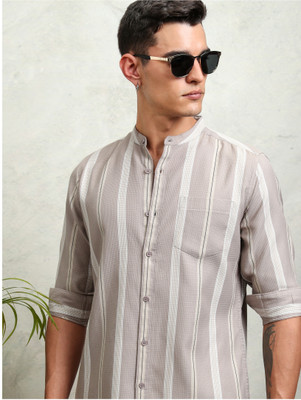HIGHLANDER Men Striped Casual Khaki Shirt