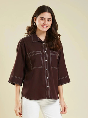 J TURRITOPSIS Women Solid Casual Brown Shirt