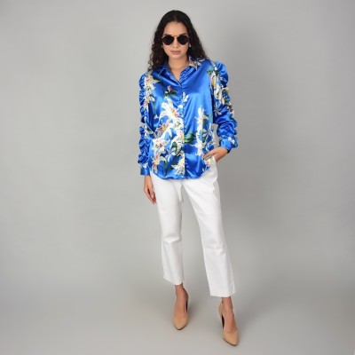 SWENKI Women Floral Print Party Blue Shirt