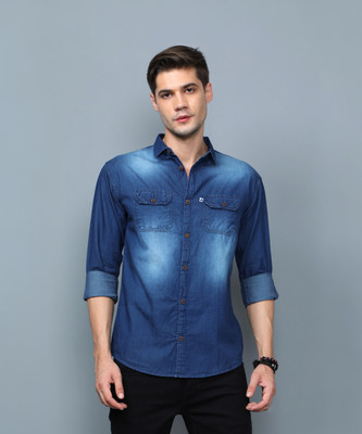 AIDAN PAUL Men Washed Casual Dark Blue Shirt