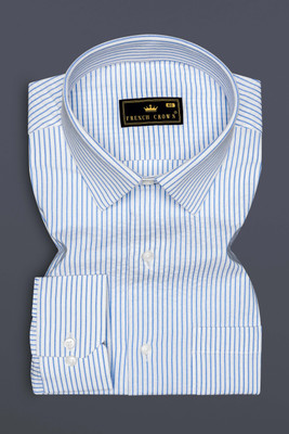 french crown Men Striped Formal Blue, White Shirt